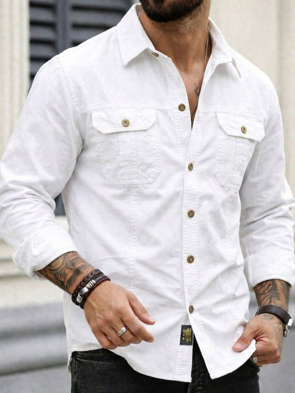 White Military Regular Fit Men's Button Collar Double Pocket Casual Shirt